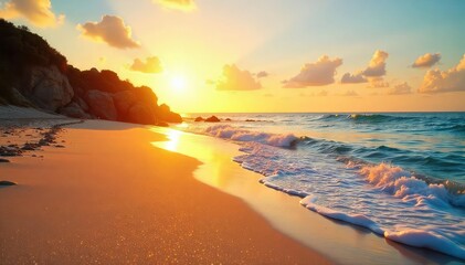 Wall Mural - Golden hour sunlight bathes a tranquil sunrise beach, soft sand meets gentle waves, creating a serene coastal landscape perfect for relaxation and peaceful contemplation , meditation, picturesque