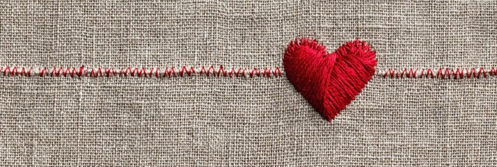 Aufkleber - Red Thread Stitched Heart on Textured Linen Creates a Simple yet Elegant Craft Design Perfect for Decor or Personal Projects