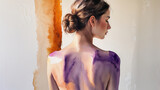 Watercolor portrait of a woman showcasing her back with abstract paint strokes in purple.