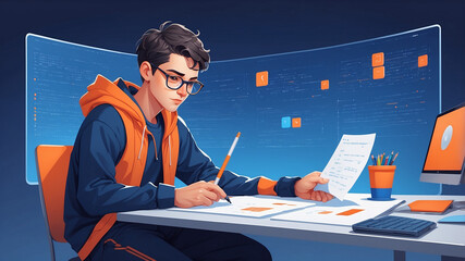 young man working on code analyzing documents with computer and programming interface