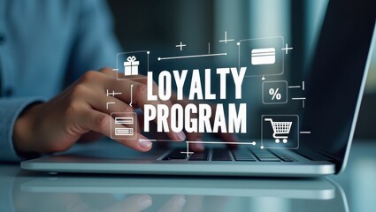 hands typing on a laptop, loyalty program concept displayed.