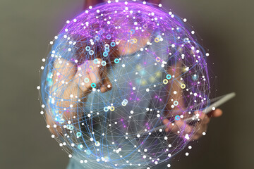 Poster - Person using a tablet, interacting with a digital sphere representing global connections and data.