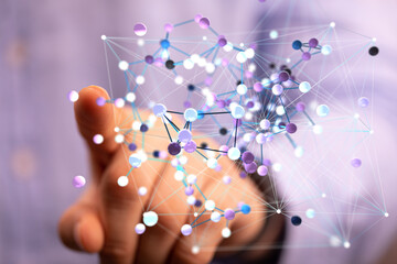 Poster - Abstract image of a hand interacting with a complex network of interconnected nodes, representing global communication and data flow.