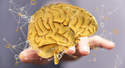 Leinwandbilder - 3D render of a golden brain, representing intelligence, neural networks, and connections.