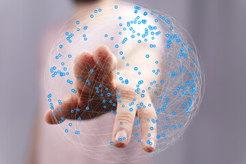 Poster - Abstract image of a hand interacting with a digital sphere representing global network connections and data visualization.
