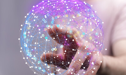 Poster - Abstract image of a hand interacting with a glowing network sphere. Represents global connection, digital technology, and networking.