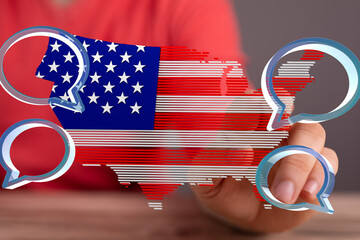 Aufkleber - Digital illustration of a US map with speech bubbles, representing communication and social media in America.