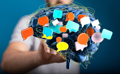Leinwandbilder - Abstract image of a brain with colorful speech bubbles, representing communication and ideas.