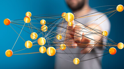 Poster - Abstract image depicting a man interacting with a complex network of interconnected nodes, representing global communication and data.