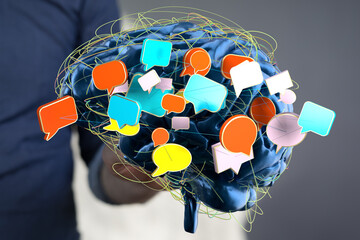 Leinwandbilder - Conceptual image of a brain with speech bubbles, representing communication, ideas, and networking.