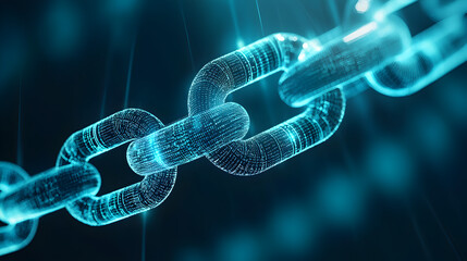 Digital 3D illustration of a glowing chain link symbolizing blockchain technology and secure connections.