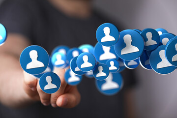 Aufkleber - Hand interacting with digital profiles,networking, social media, connection, global community.
