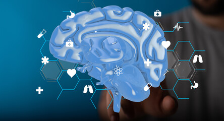 Aufkleber - 3D model of human brain with medical icons.  Neurology, healthcare, technology concept.