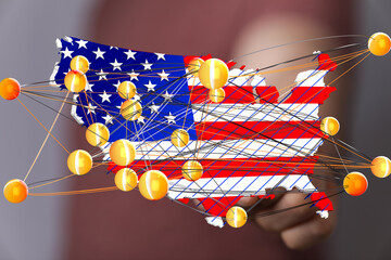 Fototapete - USA map showing interconnected network.  Data, communication, technology concept.