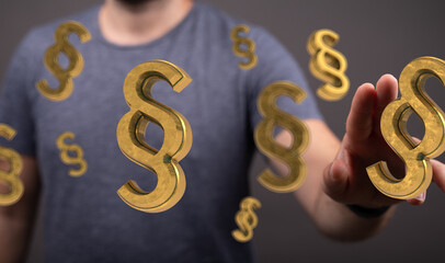Aufkleber - Abstract image of a person interacting with golden paragraph symbols, representing legal concepts.