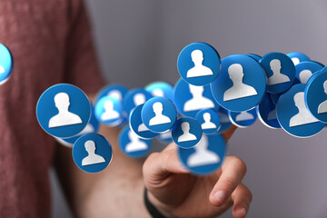 Aufkleber - Image of a person interacting with a digital network of people, representing social media, online communities, and networking.