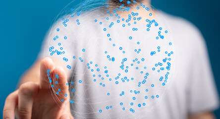 Poster - Abstract image of a person interacting with a digital network sphere.  Represents global connectivity and data.