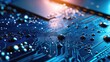 © AkuAku - Close-up of circuit and computer motherboard on a high-tech background.