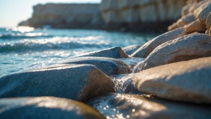 Wall Mural - close-up of coastal rock formation with water flowing over it, highlighting texture and marine life.