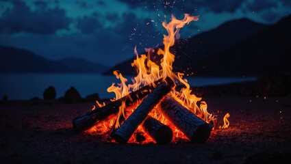 Wall Mural - bonfire burns at night with mountains and sea in the background.
