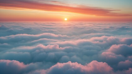 Wall Mural - aerial view of sun rises above dense clouds, casting warm, golden glow across horizon, illustrating 