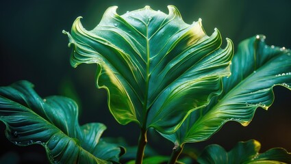 Wall Mural - close-up of a green leaf with a nature view, featuring a dark wallpaper concept and tropical leaf as
