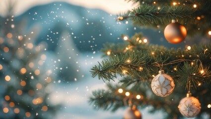 Wall Mural - christmas background featuring a fir tree branch in a winter landscape setting