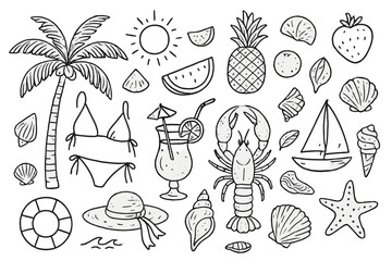 summer beach elements with sun, fruits, drinks, and sea creatures captured in a fun doodle style ill