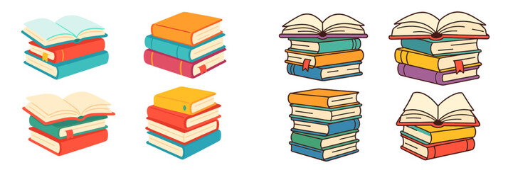 Poster - Colorful books stacked in various arrangements showcasing different styles and sizes against a plain background