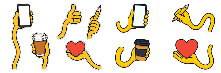 Aufkleber - Colorful hand illustrations showing various activities and gestures, like holding a phone and coffee, set against a white background