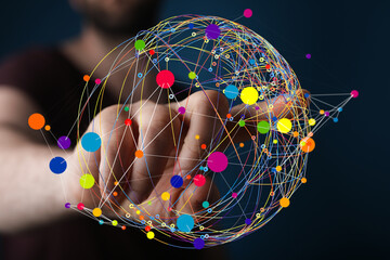 Poster - Abstract image of a hand interacting with a colorful network sphere.  Represents connection, technology, and global communication.