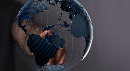 Poster - High-quality stock photo of a hand interacting with a digital 3D globe, representing global connections and networking.