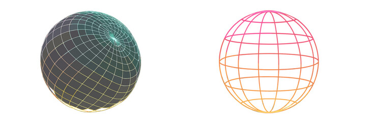 Poster - Geometric design showcasing two spheres with contrasting wireframe styles and gradient colors