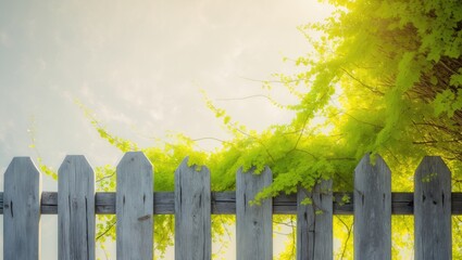 Wall Mural - Green bushes leaves on brown wood fence isolated on white background. Euonymus fortunei Emerald, Gold Spindle Evergreen Shrub Hedge on old wood fence, Element plant for Gardening with clipping path