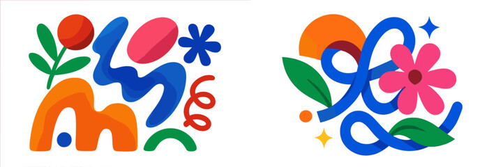 Poster - Bright and playful abstract art designs featuring colorful shapes and floral elements for creative inspiration