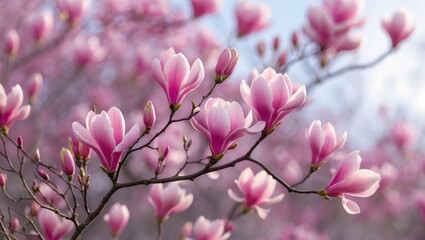 Wall Mural - Blooming magnolia tree in spring garden showcasing vibrant blossoms.