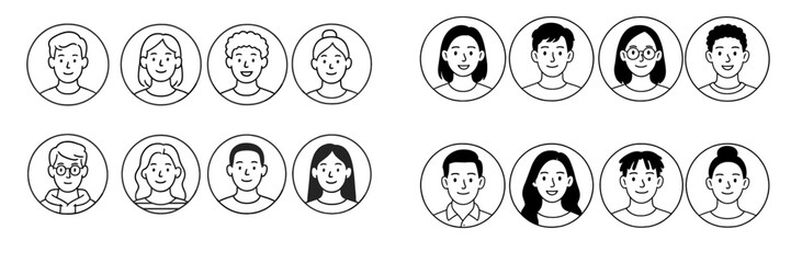 Poster - Diverse group of people with varied hairstyles and expressions in a simple, minimalistic design layout