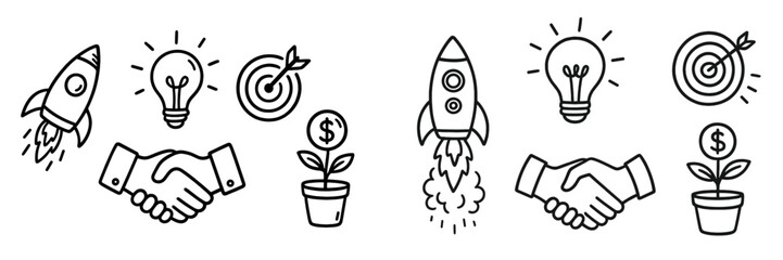 Poster - Business collaboration illustrated with handshakes, light bulbs, rockets, and target symbols representing ideas and growth
