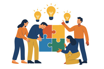Fototapete - Team collaborates to solve a colorful puzzle, sharing ideas and creativity in a bright workspace