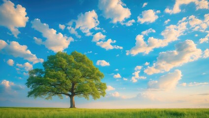 Wall Mural - Blue sky and cloud, with a meadow tree in the background. Summer poster featuring a simple landscape background.