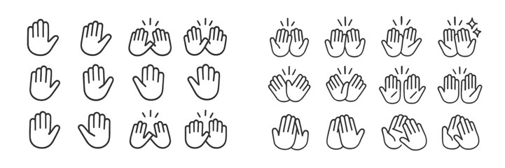 Fototapete - Different hand gesture icons displaying clapping, waving, and sparkling effects in a simple, monochromatic design