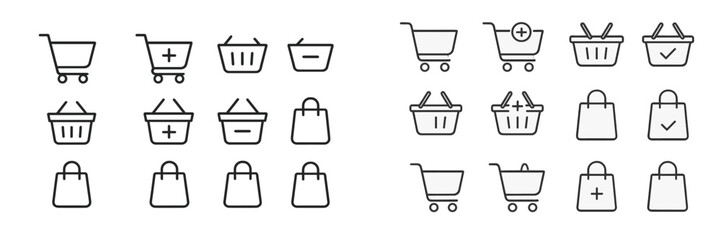 Aufkleber - Simplistic line art depicting shopping carts, bags, and baskets for e-commerce applications and digital platforms