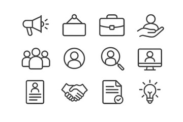 Poster - Icons representing business communication, networking, and professional teamwork concepts in a simple graphic design