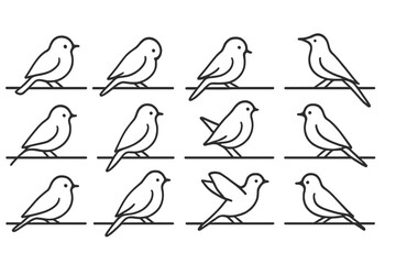 Aufkleber - Birds perched on branches in a minimalist design showcasing various poses and angles