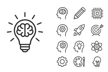 Poster - Creativity and innovation symbols with light bulb and brain illustration representing ideas and thoughts for brainstorming sessions