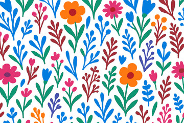 Poster - Bright floral pattern with colorful flowers and greenery on a white background ideal for various design projects