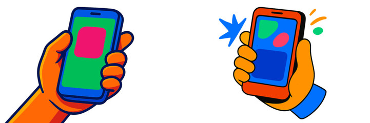 Leinwandbilder - Two hands holding smartphones with colorful app icons prominently displayed, showcasing digital interaction and communication