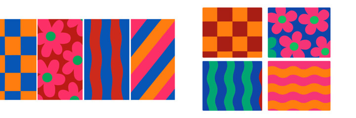 Poster - Colorful patterns showcasing modern designs with floral, striped, and checkered motifs in vibrant hues
