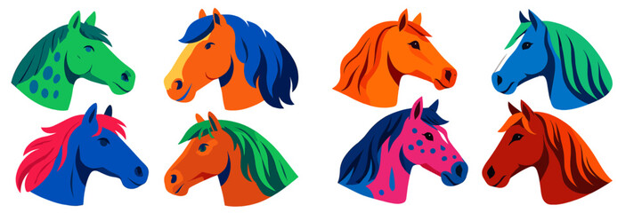Aufkleber - Colorful and creative horse head illustrations showcasing various styles and designs in a vibrant style