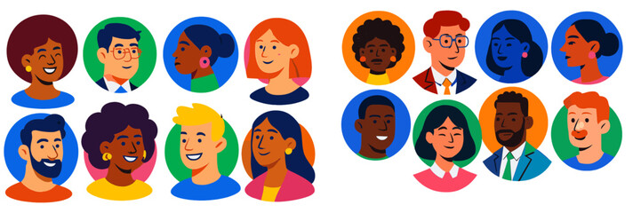 Poster - Diverse group of people with various hairstyles and clothing styles smiling in circles against a colorful background